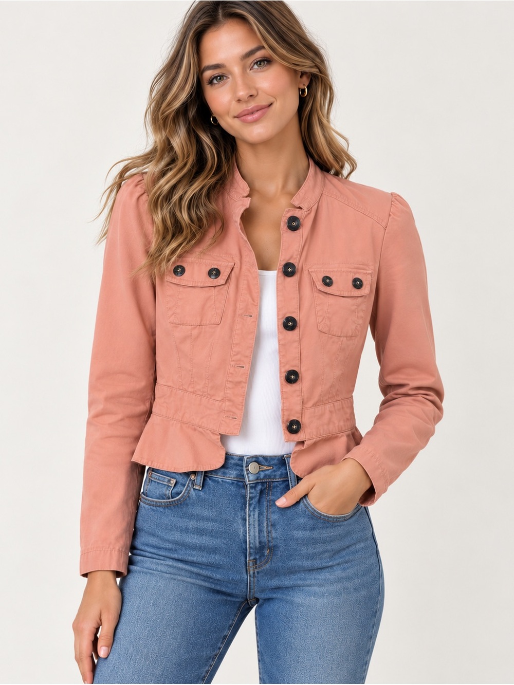 GUESS Dusty Rose Button-Front Vintage Military Style Jacket Small